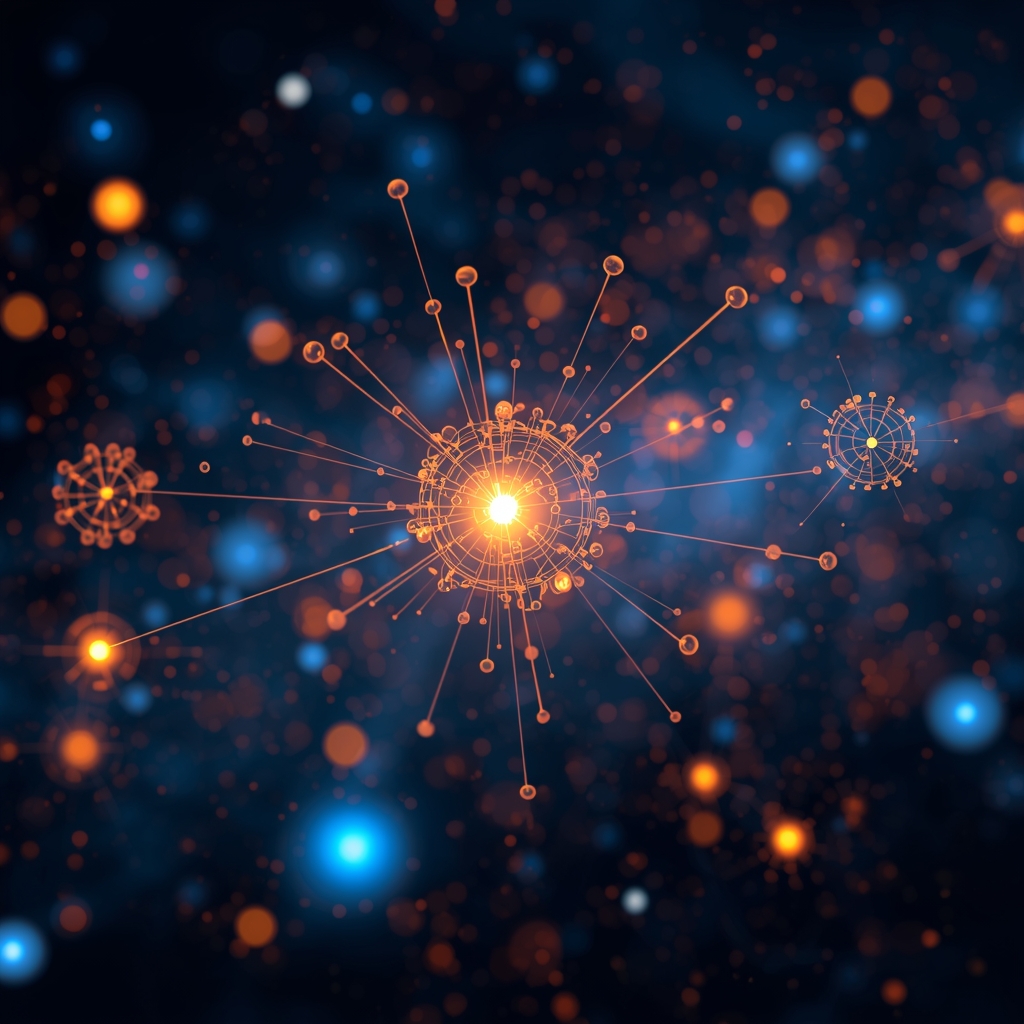 Abstract machine learning algorithm visualization with glowing nodes and data flow particles, deep space background, no people, no text